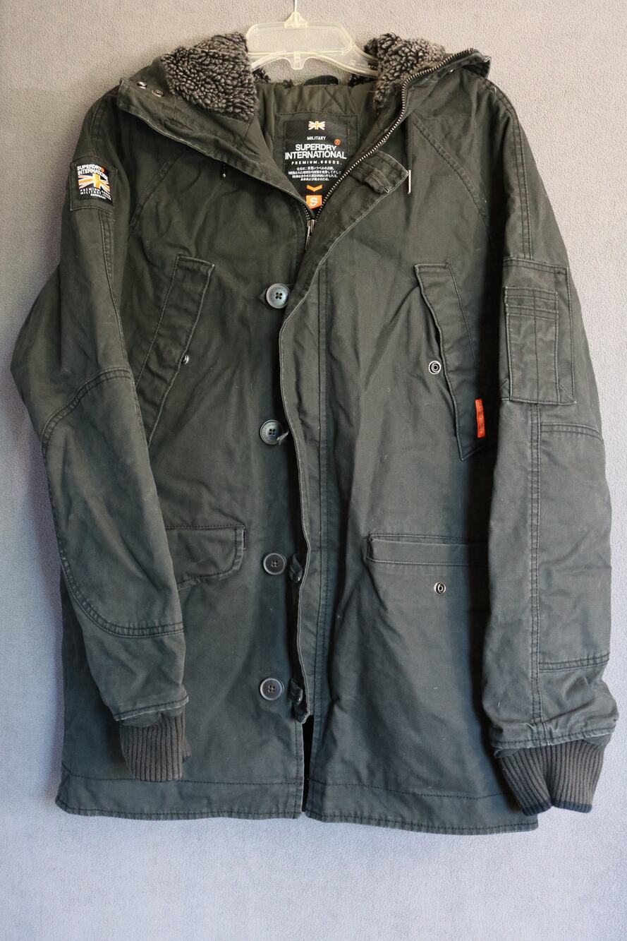 SUPERDRY INTERNATIONAL Mens Small Military Jacket Dark Gray Green Coat Gorpcore